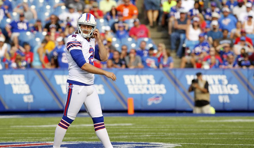 Buffalo Bills kicker Dan Carpenter (2) walks off the field after missing a field goal against the Pittsburgh Steelers during the first half of a preseason NFL football game on Saturday, Aug. 29, 2015, in Orchard Park, N.Y. (AP Photo/Bill Wippert)