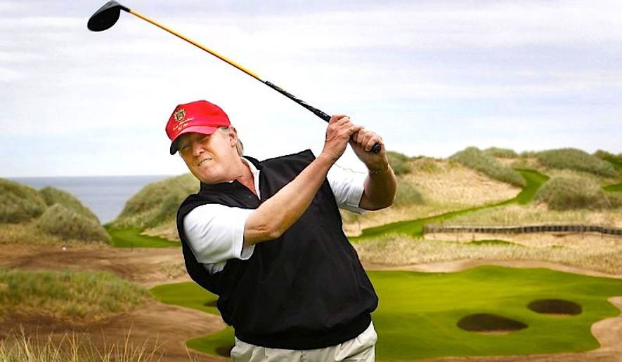 Then-GOP presidential hopeful Donald Trump, who says golf enhances politics, plays a round in Scotland in this September 2015 file photo. (Associated Press) 