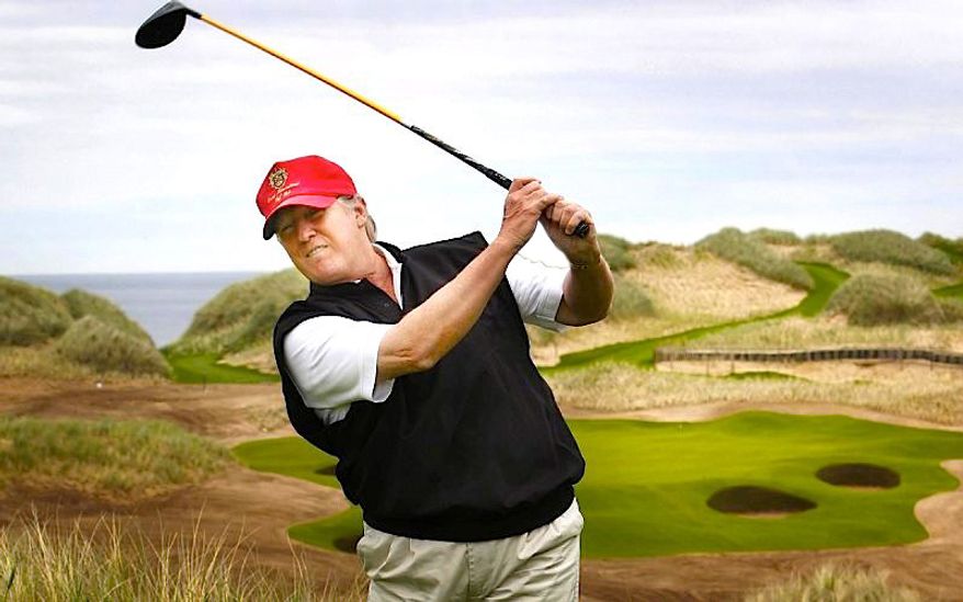 Then-GOP presidential hopeful Donald Trump, who says golf enhances politics, plays a round in Scotland in this September 2015 file photo. (Associated Press) 