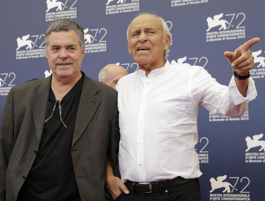 From left, director Amos Gitai, and actor Mordecmai Shpiegler pose during the photo call for the film 'Rabin, the last day'' at the 72nd edition of the Venice Film Festival in Venice, Italy, Monday, Sept. 7, 2015. (AP Photo/Andrew Medichini)