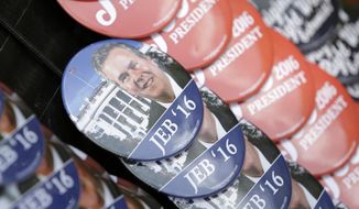 In this June 15, 2015, file photo, buttons are shown for sale outside Miami Dade College’s Theodore Gibson Health Center in Miami, Monday, June 15, 2015, before Jeb Bush announced his bid for the Republican presidential nomination. It’s been a tumultuous political summer. The unexpected rises of billionaire Donald Trump and socialist Bernie Sanders. Signs of weakness for Democratic front-runner Hillary Rodham Clinton. And in Ohio, one political veteran whose name did come up frequently was Bush _ but only in the context of rejecting the idea of electing a third Bush as president.  (AP Photo/Wilfredo Lee, File)