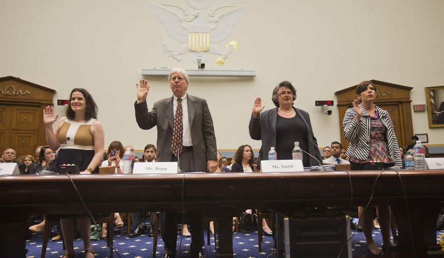 From left, Gianna Jessen, pro-life and disability rights activist, from Franklin, Tenn., James Bopp Jr., National Right to Life, Priscilla Smith, Dir. and Senior Fellow Program for the Study of Reproductive Justice, Information Society Project, Yale Law School, and Melissa Ohden, pro-life supporter from Gladstone, MO., are sworn-in before testifying before the House Judiciary Committee hearing at the Capitol in Washington examining the abortion practices of Planned Parenthood, Wednesday, Sept. 9, 2015. Today&#x27;s hearing is Congress&#x27; first since the Center for Medical Progress, a small group of anti-abortion activists, began releasing videos in July showing Planned Parenthood officials casually describing how they sometimes obtain tissue from aborted fetuses for medical researchers. Backed by analysts it hired, Planned Parenthood has said the videos were dishonestly edited to distort its officials&#x27; remarks and has denied any wrongdoing. (AP Photo/Pablo Martinez Monsivais)