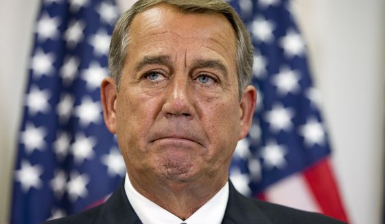 Speaker of the House John Boehner of Ohio, pauses while speaking about his opposition to the Iran deal during a news conference with members of the House Republican leadership on Capitol Hill in Washington, Wednesday Sept. 9, 2015. (AP Photo/Jacquelyn Martin)