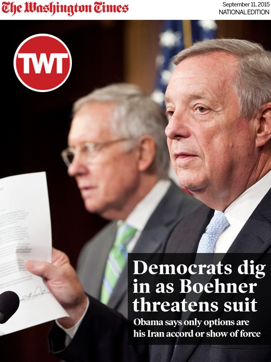 National Edition News cover for September 11, 2015 - Democrats dig in as Boehner threatens suit: Senate Minority Whip Richard Durbin of Ill., right, with Senate Minority Leader Harry Reid of Nev., holds up a copy of a letter signed by Senate Republicans, that was sent to leader of Iran, as they answer questions for reporters following the Senate vote on the Iran nuclear agreement on Capitol Hill in Washington, Thursday, Sept. 10, 2015. Senate Democrats voted to uphold the hard-fought nuclear accord with Iran on Thursday, overcoming ferocious GOP opposition and delivering President Barack Obama a legacy-making victory on his top foreign policy priority. (AP Photo/Pablo Martinez Monsivais)