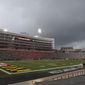 The stadium sits empty after it was evacuated after the first half due to weather concerns after the first half of an NCAA college football game between Bowling Green and Maryland, Saturday, Sept. 12, 2015, in College Park, Md. Play is now being delayed due to lightning and weather concerns. (AP Photo/Nick Wass)