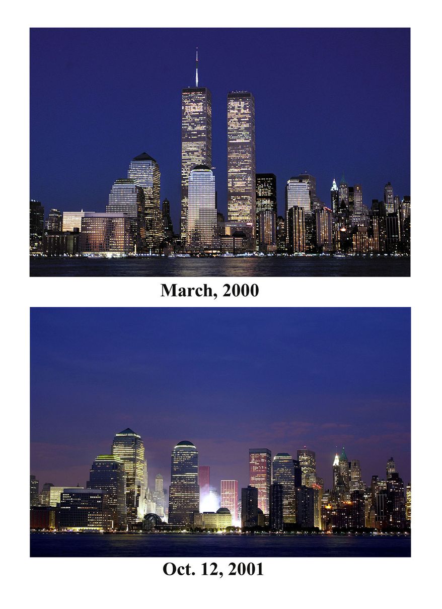 The Manhattan skyline is shown from Jersey City, N.J. in two photographs, one taken in March of 2000 and the other, Friday, Oct. 12, 2001. The twin towers of the World Trade Center were destroyed Sept. 11 in terrorist attacks. (AP Photo/Mark Lennihan)