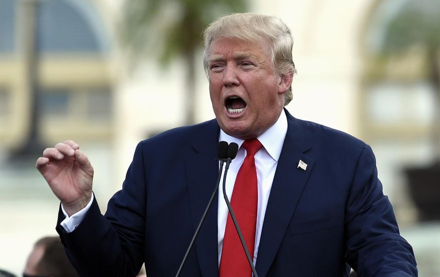 FILE - In this Sept. 9, 2015 file photo, Republican Presidential candidate Donald Trump speaks on Capitol in Washington. Spanish-language radio is fixated on the 2016 presidential campaign, sparked by Republican Donald Trump’s caustic remarks about immigrants, mainly Mexicans, and a GOP field of contenders trying to out-duel each other on the contentious topic of overhauling immigration law. (AP Photo/Susan Walsh, File)