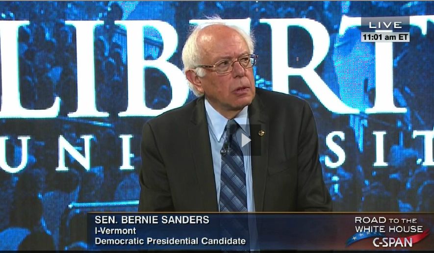 Sen. Bernie Sanders during his speech Monday morning at Liberty University. (Screen image courtesy of C-SPAN)