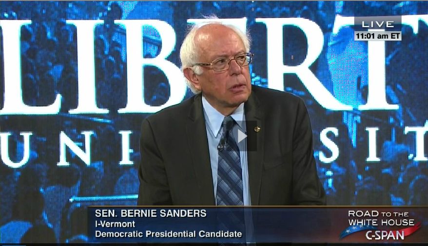 Sen. Bernie Sanders during his speech Monday morning at Liberty University. (Screen image courtesy of C-SPAN)