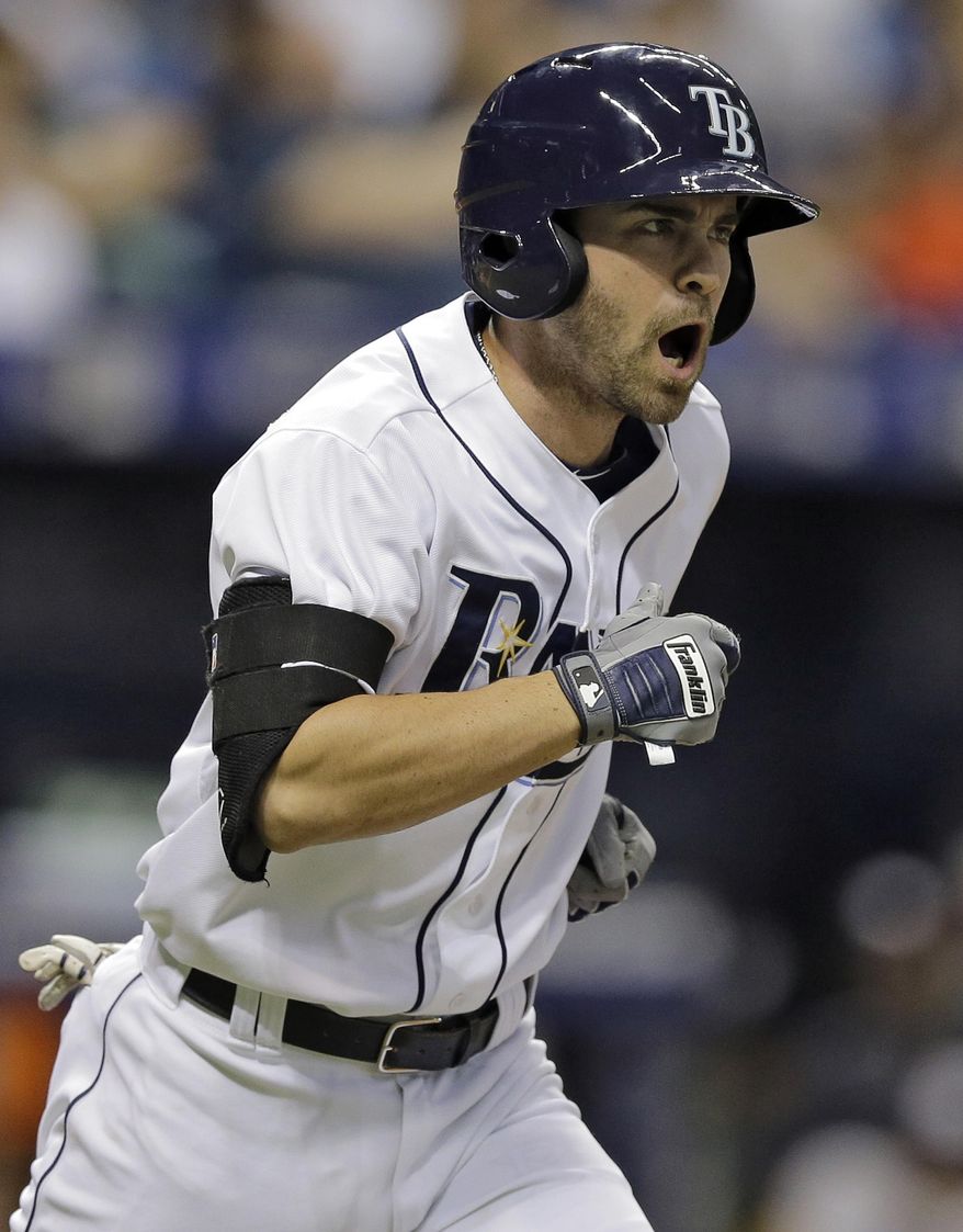 Tampa Bay Rays&#39; Nick Franklin reacts as he watches his two-run home run off New York Yankees relief pitcher Nick Rumbelow during the sixth inning of a baseball game Tuesday, Sept. 15, 2015, in St. Petersburg, Fla.  (AP Photo/Chris O&#39;Meara)