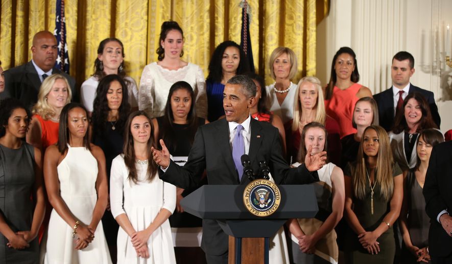 President Barack Obama speaks in the East Room of the White House in Washington, Tuesday, Sept. 15, 2015, during a ceremony to honor the 2015 NCAA Women&#39;s Basketball Champion University of Connecticut Huskies. (AP Photo/Andrew Harnik)