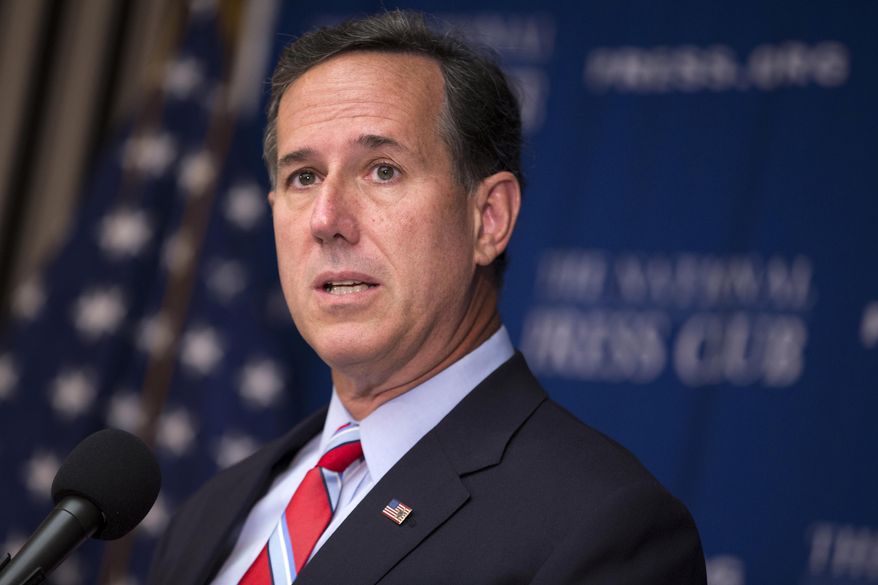 FILE - In this Aug. 20, 2015 file photo, Republican presidential candidate, former Pennsylvania Sen. Rick Santorum speaks at the National Press Club in Washington. The two returning Republican presidential candidates are struggling to keep their own donors interested. A majority of 2012 donors to former Texas Gov. Rick Perry and former Pennsylvania Sen. Rick Santorum who’ve given this time have defected to other candidates. That’s according to an analysis by Crowdpac.com, a nonpartisan political research company.(AP Photo/Evan Vucci, File)