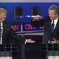 Then-Republican presidential candidate Donald Trump, left, and Jeb Bush slap hands near the finish of the CNN Republican presidential debate at the Ronald Reagan Presidential Library and Museum on Wednesday, Sept. 16, 2015, in Simi Valley, Calif. (AP Photo/Mark J. Terrill) ** FILE **