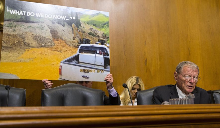 Senate Environment and Public Works Committee Chairman Sen. Jim Inhofe, R-Okla. questions Environmental Protection Agency (EPA) Administrator Gina McCarthy on Capitol Hill in Washington, Wednesday, Sept. 16, 2015, during the committee's hearing on the Gold King Mine wastewater spill. (AP Photo/Evan Vucci)