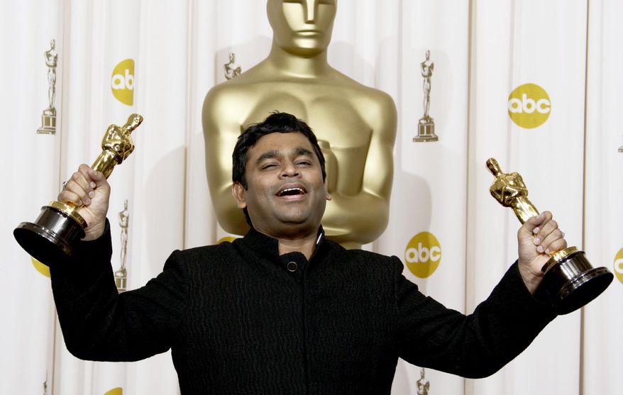 In this Feb. 22, 2009 photo, A.R. Rahman holds the Oscars for best original score and for best original song "Jai Ho" for his work on "Slumdog Millionaire" during the 81st Academy Awards in the Hollywood section of Los Angeles. Indian music composer A.R. Rahman has said that he did not intend to offend anyone when he composed the music for an Iranian film on the Prophet Muhammad. Rahman was responding to a religious edict, or fatwa, by a Muslim organization against him and the Iranian director of the film. (AP Photo/Matt Sayles, file)