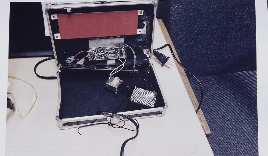 This photo provided by the Irving Police Department shows the homemade clock that Ahmed Mohamed brought to school,  Wednesday, Sept.16, 2015, in Irving. Police detained the 14-year-old Muslim boy after a teacher at MacArthur High School decided that the homemade clock he brought to class looked like a bomb, according to school and police officials. The family of Ahmed Mohamed said the boy was suspended for three days from the school in the Dallas suburb. (Irving Police via AP) ** FILE **