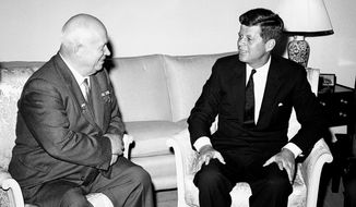 In this June 3, 1961, Soviet Premier Nikita Khrushchev and President John F. Kennedy talk in the residence of the U.S. Ambassador in a suburb of Vienna. The meeting was part of  a series of talks during their summit meetings in Vienna. Fifty years after the Cuban missile crisis, the National Archives in Washington has pulled together documents and secret White House recordings to show the public how President John F. Kennedy deliberated to avert nuclear war. The exhibit opens Friday, Oct. 12, 2012, to recount the showdown with the Soviet Union. It is called &quot;To the Brink: JFK and the Cuban Missile Crisis.&quot; (AP Photo/File)