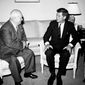 In this June 3, 1961, Soviet Premier Nikita Khrushchev and President John F. Kennedy talk in the residence of the U.S. Ambassador in a suburb of Vienna. The meeting was part of  a series of talks during their summit meetings in Vienna. Fifty years after the Cuban missile crisis, the National Archives in Washington has pulled together documents and secret White House recordings to show the public how President John F. Kennedy deliberated to avert nuclear war. The exhibit opens Friday, Oct. 12, 2012, to recount the showdown with the Soviet Union. It is called &quot;To the Brink: JFK and the Cuban Missile Crisis.&quot; (AP Photo/File)