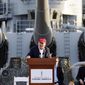 In this Sept. 15, 2015, photo, Republican presidential candidate Donald Trump speaks during a campaign event aboard the retired ship USS Iowa in Los Angeles. (AP Photo/Kevork Djansezian)