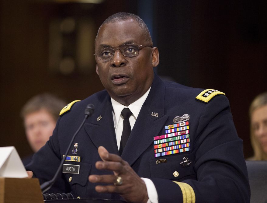US Central Command Commander Gen. Lloyd Austin III, testifies on Capitol Hill in Washington, Wednesday, Sept. 16, 2015, before the Senate Armed Services Committee hearing on ‘US military operations to counter the Islamic State in Iraq. Austin vowed to take “appropriate action” if an investigation indicates that senior defense officials altered intelligence reports on the Islamic State and other militant groups in Syria to exaggerate progress being made against the terrorist groups. (AP Photo/Pablo Martinez Monsivais)
