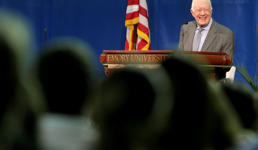 Former President Jimmy Carter answers a question during the annual Carter Town Hall meeting at Emory University in Atlanta on Wednesday, Sept. 16, 2015 where he takes questions from students. (Ben Gray/Atlanta-Journal Constitution via AP) MARIETTA DAILY OUT, GWINNETT DAILY POST OUT, LOCAL TV OUT (WXIA, WGCL, FOX 5)