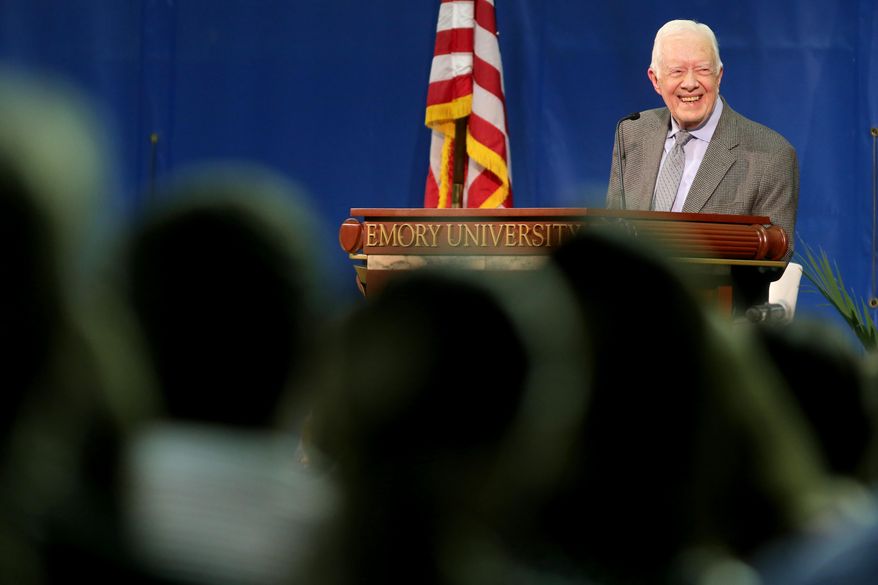 Former President Jimmy Carter answers a question during the annual Carter Town Hall meeting at Emory University in Atlanta on Wednesday, Sept. 16, 2015 where he takes questions from students. (Ben Gray/Atlanta-Journal Constitution via AP) MARIETTA DAILY OUT, GWINNETT DAILY POST OUT, LOCAL TV OUT (WXIA, WGCL, FOX 5)