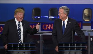 Republican presidential candidate, former Florida Gov. Jeb Bush, right, watches as Donald Trump speaks during the CNN Republican presidential debate at the Ronald Reagan Presidential Library and Museum on Wednesday, Sept. 16, 2015, in Simi Valley, Calif. (AP Photo/Mark J. Terrill)