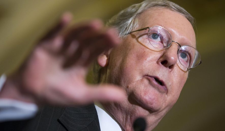 FILE - In this Sept. 16, 2015 file photo, Senate Majority Leader Sen. Mitch McConnell of Ky. speaks during a news conference on Capitol Hill in Washington. Senate Democrats have turned back the latest GOP effort to undermine the Iran nuclear deal. Democrats blocked a measure aimed at maintaining sanctions unless Iran recognizes Israel and releases American hostages. (AP Photo/Evan Vucci, File)