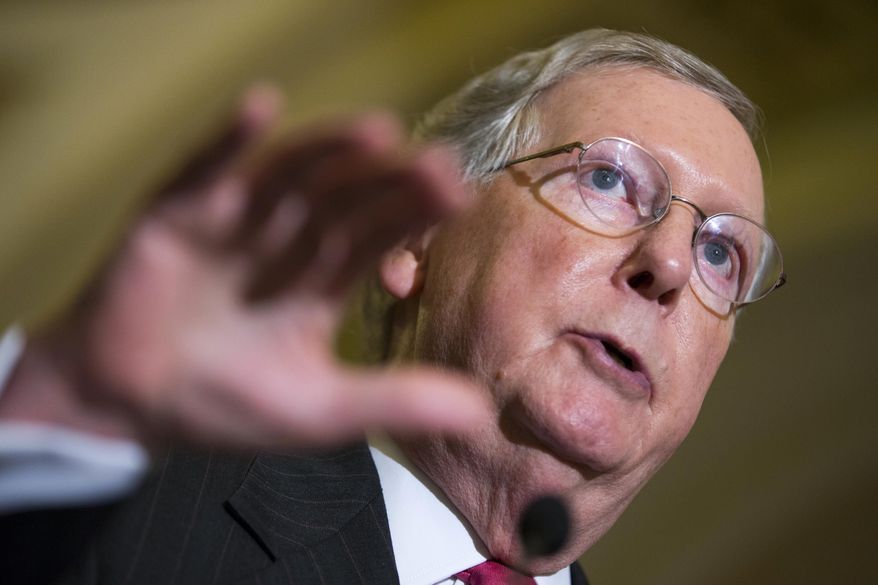 FILE - In this Sept. 16, 2015 file photo, Senate Majority Leader Sen. Mitch McConnell of Ky. speaks during a news conference on Capitol Hill in Washington. Senate Democrats have turned back the latest GOP effort to undermine the Iran nuclear deal. Democrats blocked a measure aimed at maintaining sanctions unless Iran recognizes Israel and releases American hostages. (AP Photo/Evan Vucci, File)