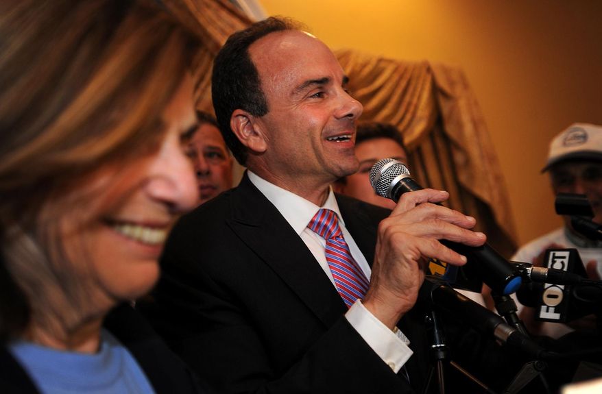 Former Bridgeport Mayor Joseph Ganim addresses his supporters at Testo's Restaurant in Bridgeport, Conn., after winning the Democratic mayoral primary on Wednesday, Sept. 16, 2015. (Brian A. Pounds/Hearst Connecticut Media via AP) MANDATORY CREDIT
