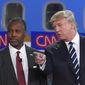 Republican presidential candidates Ben Carson, left, and Donald Trump talk before the start of the CNN Republican presidential debate at the Ronald Reagan Presidential Library and Museum on Wednesday, Sept. 16, 2015, in Simi Valley, Calif. (AP Photo/Mark J. Terrill) ** FILE **