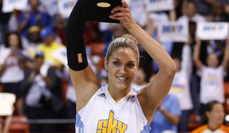 Chicago Sky forward Elena Delle Donne holds the MVP trophy before the Game 1 of the WNBA basketball Eastern Conference semifinals between the Sky and the Indiana Fever, Thursday, Sept. 17, 2015, in Chicago. (AP Photo/Kamil Krzaczynski) **FILE**