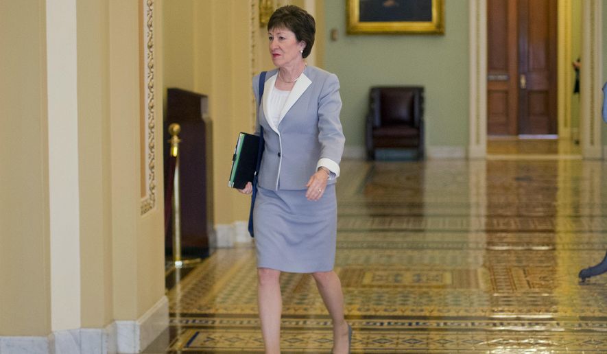 FILE- In this Tuesday, Sept. 8, 2015 file photo, Sen. Susan Collins, R-Maine, walks to the Senate floor at the Capitol in Washington. Collins, who once twisted her ankle while trying to run in heels to avoid missing a vote, is approaching her 6,000th consecutive vote. (AP Photo/Pablo Martinez Monsivais, file)