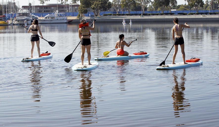 Stand-up paddle board enthusiasts take to the harbor at Marina Del Rey, Calif., on Thursday, Sept. 17, 2015. A slight ocean surge and powerful currents were reported at points along the entire coast of California as a very small tsunami arrived early Thursday following a magnitude-8.3 earthquake that hit off the coast of Chile, scientists and local officials said. Swimmers and surfers were warned of potentially strong currents. (AP Photo/Nick Ut)