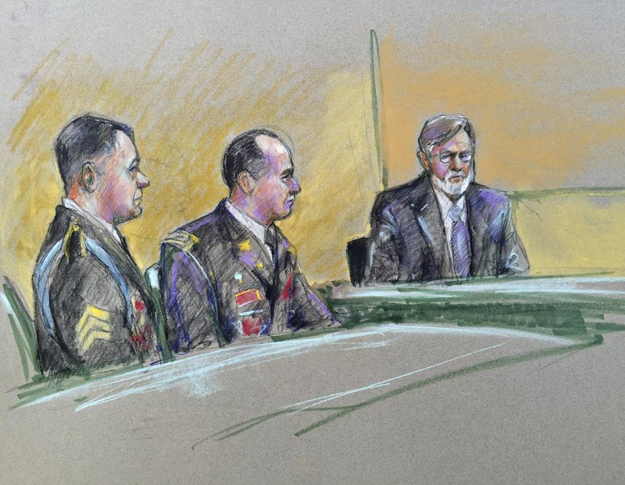 Army Sgt. Bowe Bergdahl, left, and defense counsel Lt. Col. Franklin D. Rosenblatt, center, look on as a witness for the defense Terrence Russell is questioned during a preliminary hearing to determine if Sgt. Bergdahl will be court-martialed, Friday, Sept. 18, 2015, at Fort Sam Houston, Texas. Bergdahl, who left his post in Afghanistan and was held by the Taliban for five years, is charged with desertion and misbehavior before the enemy. (AP Photo/Brigitte Woosley)