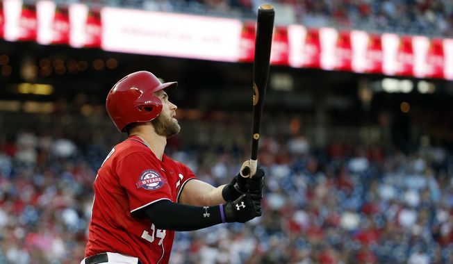 Washington Nationals&#x27; Bryce Harper watches his two-run homer during the seventh inning of a baseball game against the Miami Marlins at Nationals Park, Saturday, Sept. 19, 2015, in Washington. The Nationals won 5-2. (AP Photo/Alex Brandon)