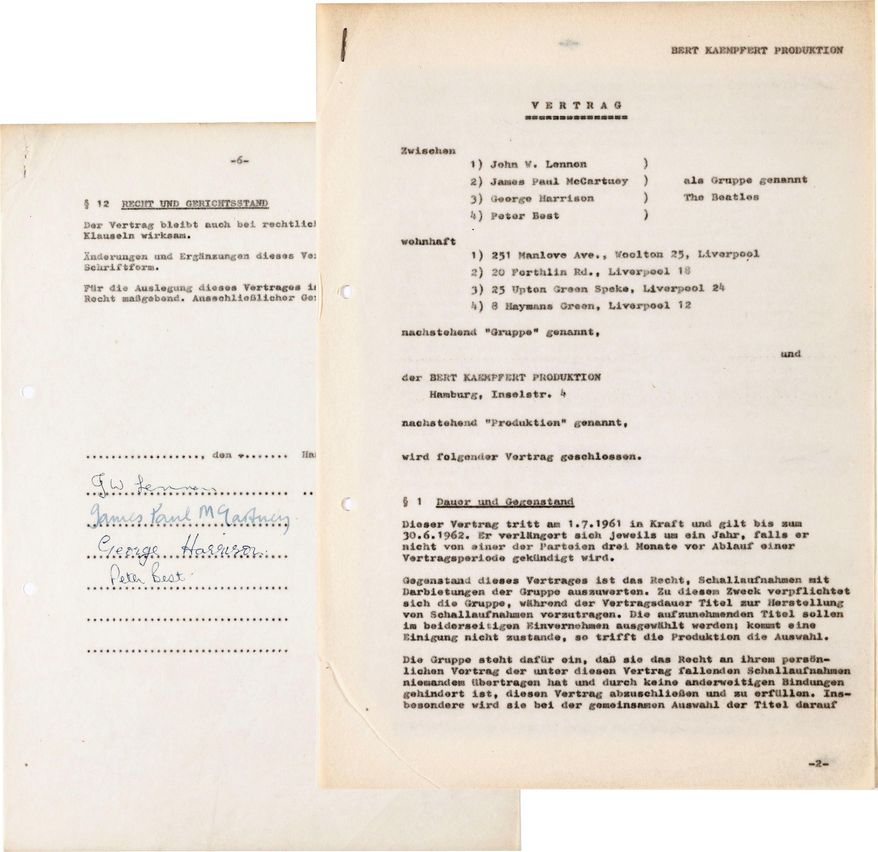 This undated photo provided by Heritage Auctions shows a 1961 contract written in German and signed by the Beatles. The document was sold at an auction by Heritage Auctions in New York on Saturday, Sept. 19, 2015 for about $93,750. (Heritage Auctions via AP)