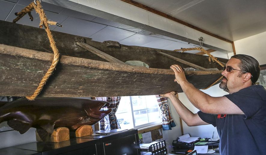 Tony Johnson shows a 'classic bay canoe given to former hereditary chief Lewis Hawkes when he was 12 at his office in Bay Center, Wash., Sept. 8, 2015. Every day for the last three months, the Chinook Indian Nation has addressed a letter to President Barack Obama about a subject that Johnson calls “a matter of life or death.” Johnson, 44, was speaking of the tribe’s long and frustrating effort to win federal recognition, a task he’s led since his election as tribal chairman in June. Federal recognition would make 2,700 Chinook nation members eligible for a wide range of federal health, education and other benefits and allow to the tribe to establish a reservation. (Bill Wagner / The Daily News via AP)