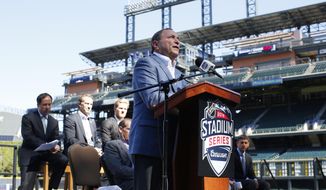 National Hockey League Commissioner Gary Bettman speaks during a news conference Monday, Sept. 21, 2015, in Denver to announce that Coors Field will host the 2016 NHL Stadium Series hockey game. The game between the Red Wings and Avalanche is set for Saturday, Feb. 27 and will be proceeded by alumni games and a college hockey game as well between the University of Denver and Colorado College. (AP Photo/David Zalubowski)