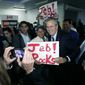 Republican presidential candidate, former Florida Gov. Jeb Bush arrives in Mackinac Island, Mich., for the 2016 Mackinac Republican Leadership Conference, Friday, Sept. 18, 2015. (AP Photo/Carlos Osorio)