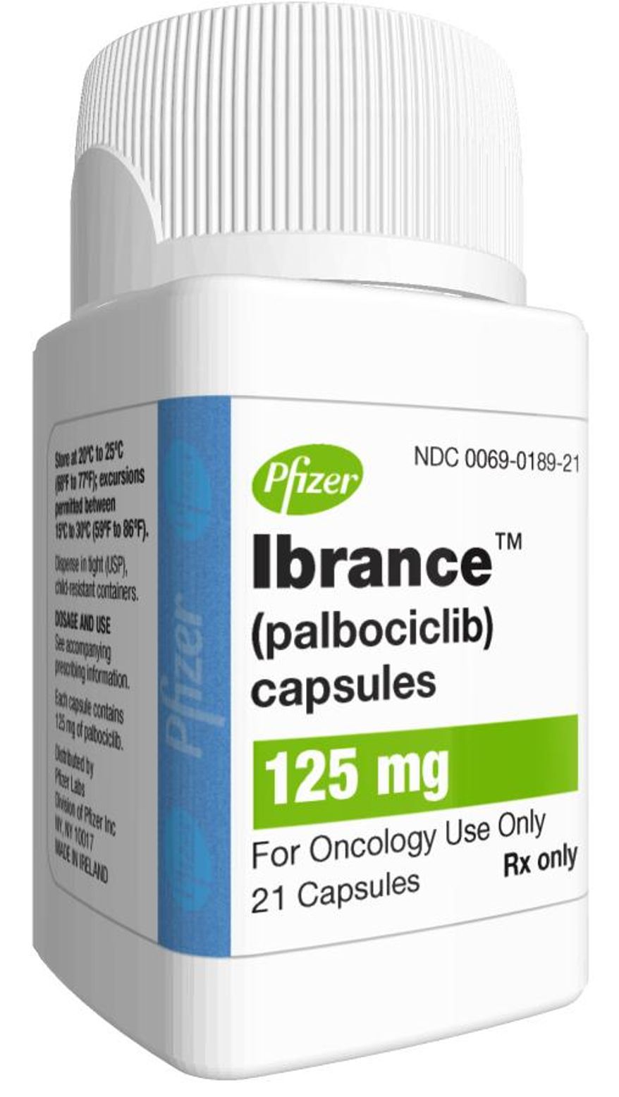 This product image provided by Pfizer shows packaging for its newest drug, breast cancer medicine Ibrance, now being tested against multiple other cancers. Edward Jones analyst Ashtyn Evans thinks by 2020 Pfizer could boost its cancer drug sales to about 10 percent of revenue, up from barely 4 percent of its $50 billion in annual revenue now. (Pfizer via AP)