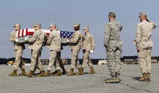 A Marine carry team moves a transfer case containing the remains of Lance Cpl. Gregory T. Buckley, 21, of Oceanside, N.Y., Monday, Aug. 13, 2012, at Dover Air Force Base, Del. (Associated Press)