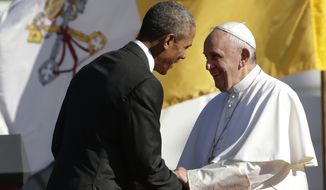 American Catholics are &quot;concerned that efforts to build a just and wisely ordered society respect their deepest concerns and the right to religious liberty,&quot; Pope Francis told President Obama at the arrival ceremony in his honor at the White House. (Associated Press)