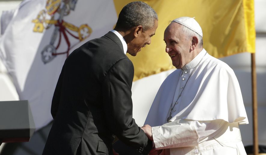 President Barack Obama shakes hands with Pope Francis after this welcoming speech during the state arrival ceremony on the South Lawn of the White House in Washington, Wednesday, Sept. 23, 2015. (AP Photo/Pablo Martinez Monsivais)