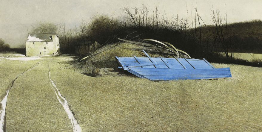 This undated photo provided by Sotheby’s shows the Andrew Wyeth painting "Flood Plain," that was owned by the painter’s close friend and admirer, actor Charlton Heston. Three works by Wyeth owned by Heston are being offered for sale by Sotheby’s in New York on Nov. 18 by the estate of the Hollywood legend and his wife Lydia. (Sotheby's via AP)