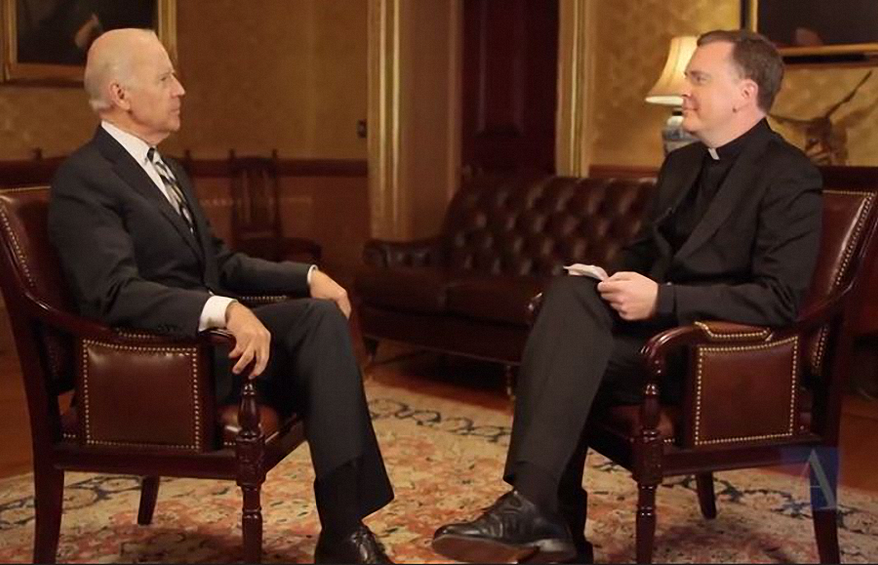 Vice President Joseph Biden sat down for an exclusive interview with Father Matthew Malone, SJ, the editor-in-chief of America Media. (Screenshot of video, courtesy of American Media)