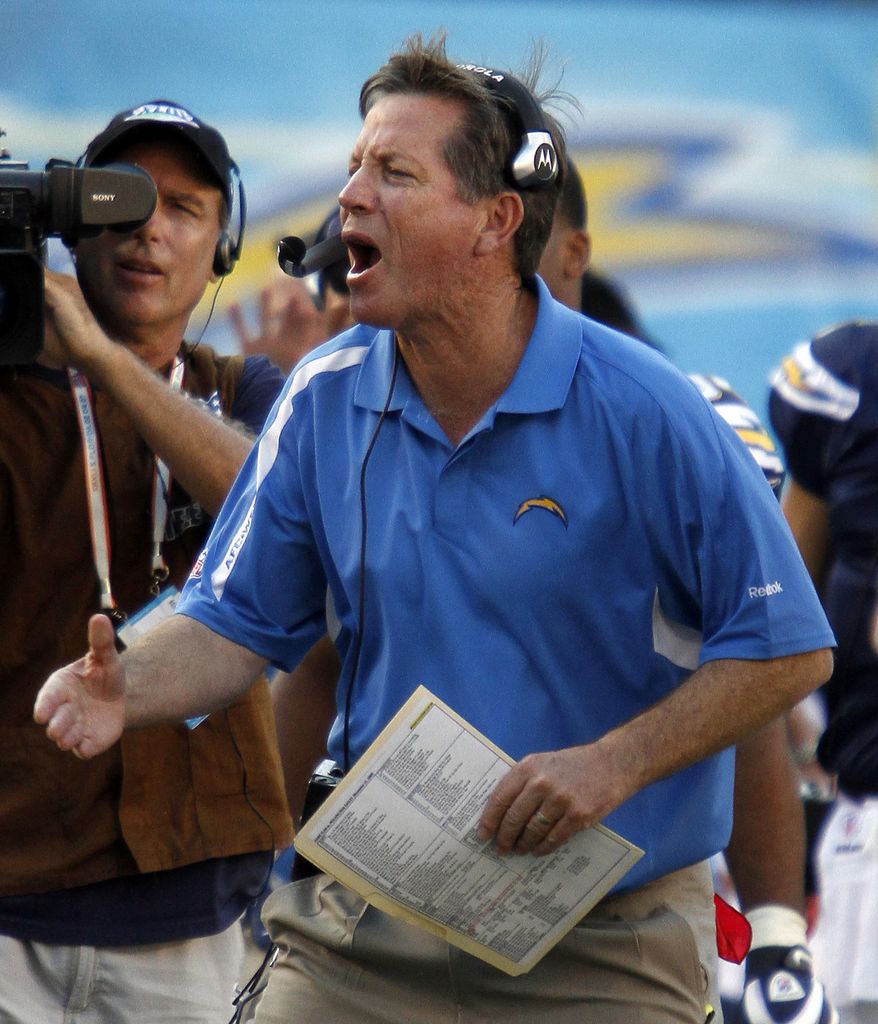 FILE - In this Nov. 15, 2009, file photo, San Diego Chargers coach Norv Turner gestures during his teams' 31-23 victory over the Philadelphia Eagles in San Diego. Norv Turner spent six seasons as San Diego's head coach. Now he's the offensive coordinator for Minnesota, about to see some familiar faces when the Vikings host the Chargers this Sunday. (AP Photo/Denis Poroy, File)