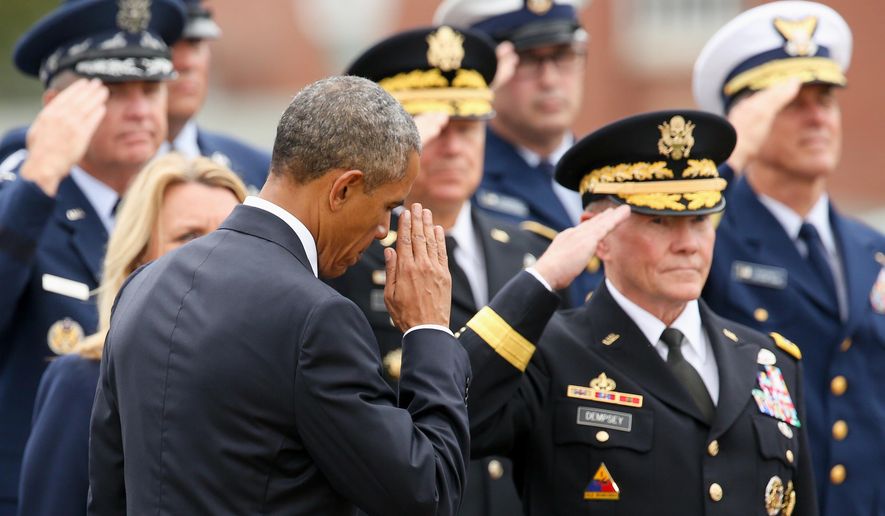 President Barack Obama salutes as he arrives next to retiring Joint Chiefs Chairman Gen. Martin Dempsey, right, for an Armed Forces Full Honors Retirement Ceremony for Dempsey, Friday, Sept. 25, 2015, at Fort Myer in Arlington, Va. (AP Photo/Andrew Harnik)