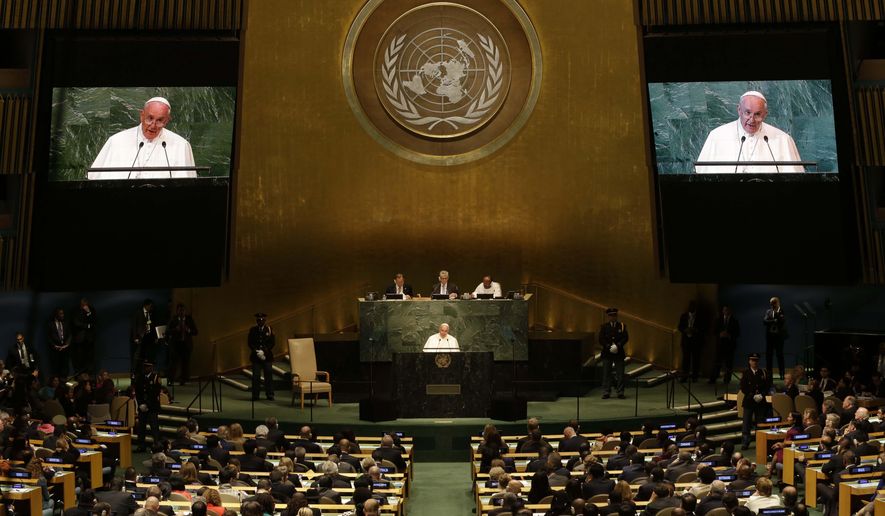 Pope Francis addresses the 70th session of the United Nations General Assembly, Friday, Sept. 25, 2015 at United Nations headquarters. (AP Photo/Seth Wenig)