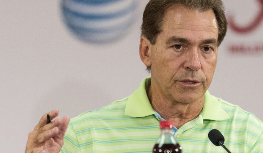 Alabama football coach Nick Saban talks with the media in his weekly news conference, Monday, Sept. 21, 2015, at Naylor-Stone Media Suite in Tuscaloosa, Ala. (Vasha Hunt/AL.com via AP) MAGS OUT; MANDATORY CREDIT